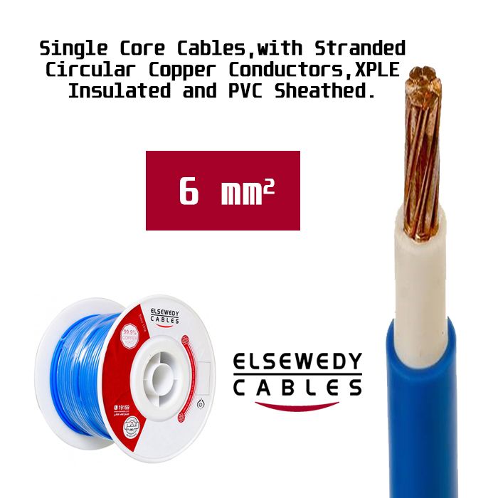El Sewedy Cables 6 mm² Single Core Cables, with Stranded Circular Copper Conductors, XPLE Insulated and PVC Sheathed