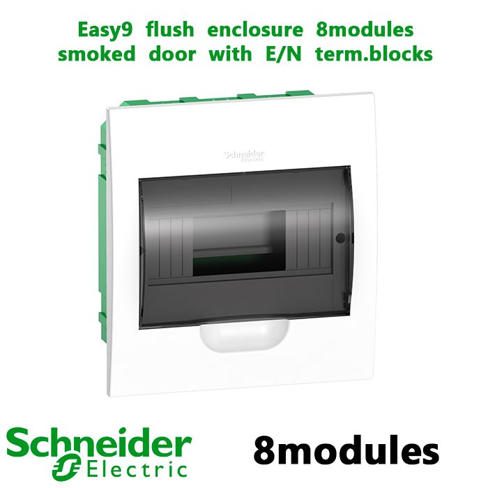 Easy9  flush  enclosure  8modules  smoked  door  with  E/N  term.blocks