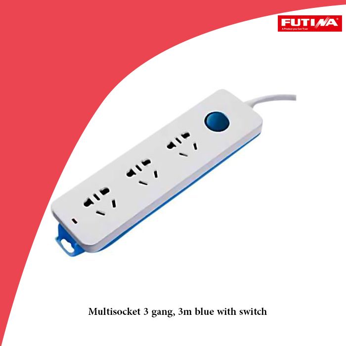 Multisocket 3 gang, 3m blue with switch