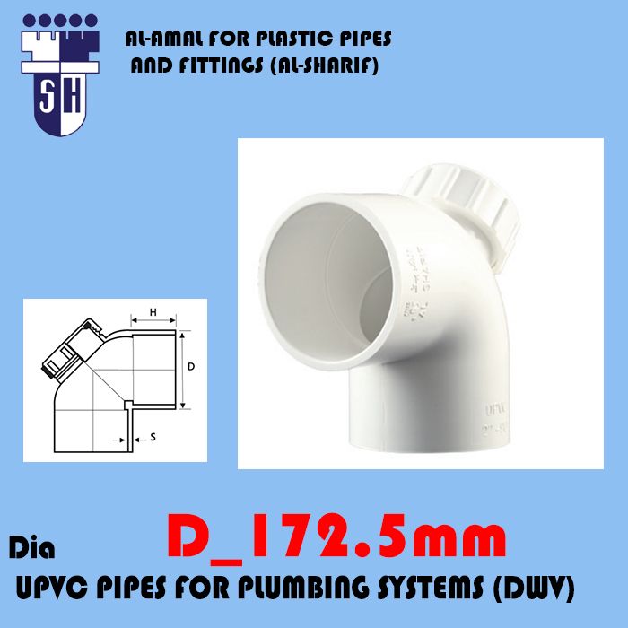   Upvc Elbow 87° .5 w/cap dim 172.5 mm fittings for plumbig system (dwv) (white colour)
 