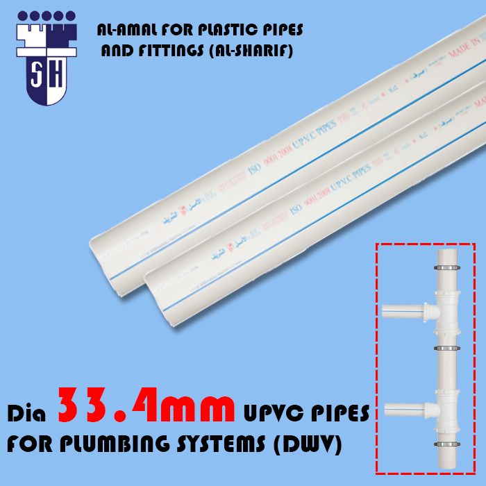  Upvc pipes dia 33.4mm (s) 3.5mm  for plumbing systems (dwv) white colour with blue line