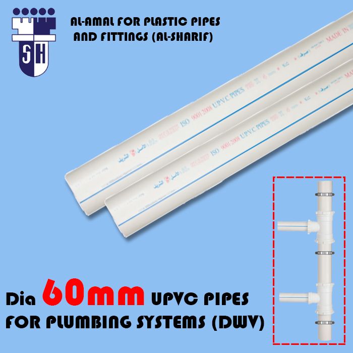  Upvc pipes dia 60mm (s) 2.7mm  for plumbing systems (dwv) white colour with blue line