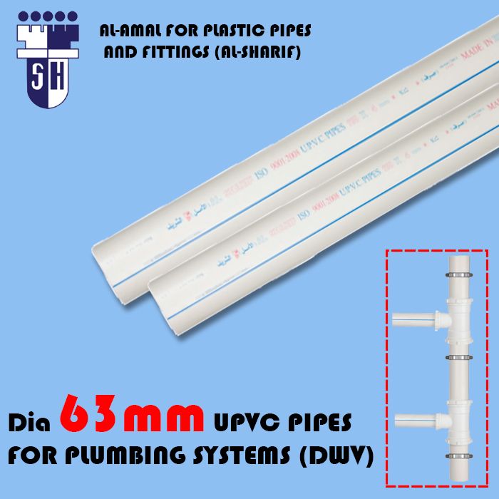  Upvc pipes dia 63mm (s) 3mm  for plumbing systems (dwv) white colour with blue line