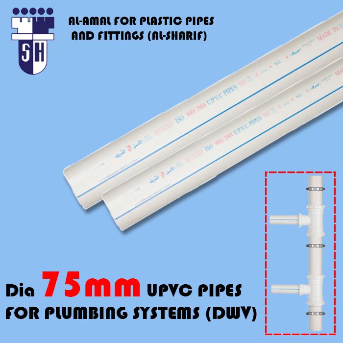  Upvc pipes dia 75mm (s) 1.8mm  for plumbing systems (dwv) white colour with blue line