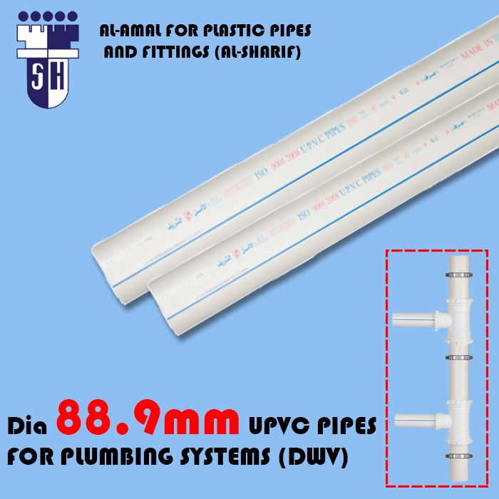  Upvc pipes dia 88.9mm (s) 4mm  for plumbing systems (dwv) white colour with blue line
